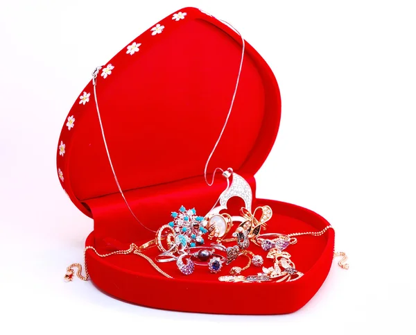 Red heart box with jewelry — Stock Photo, Image
