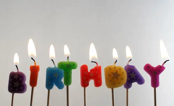 Candles making the word birthday