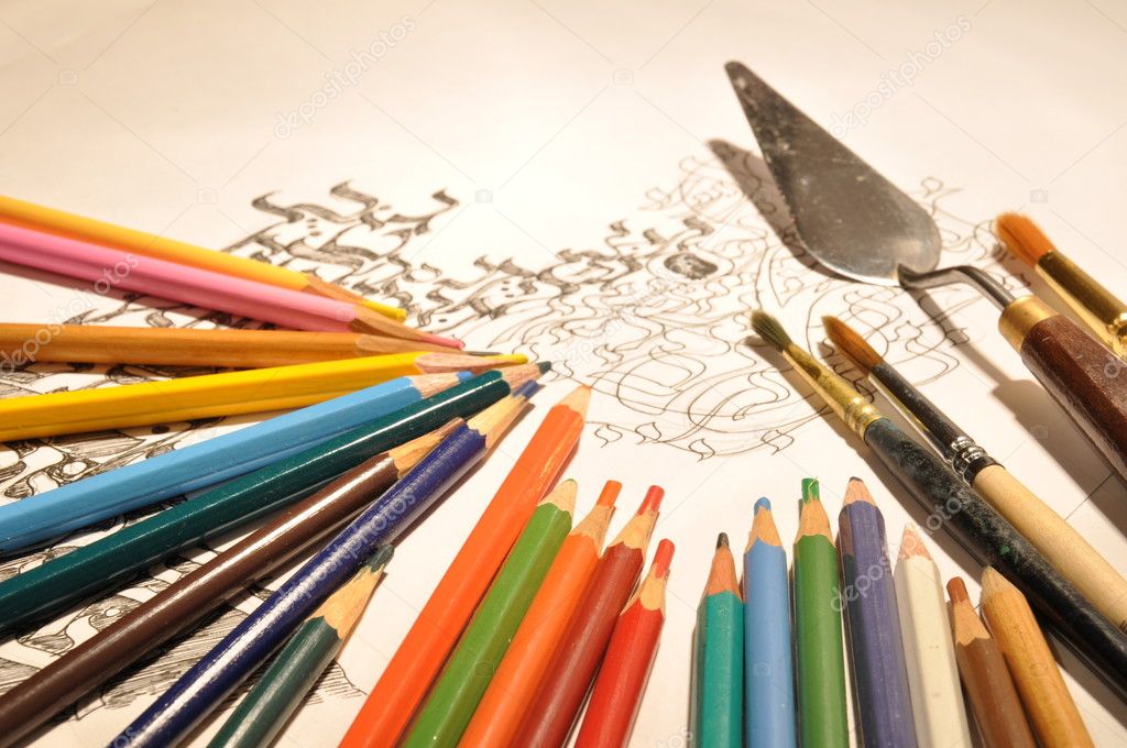 Sketch, palette knife, brushes and colou Stock Photo by ©fotolgaspbru