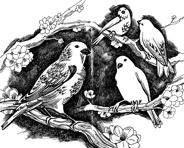 Мальовані вручну птахи, квіти і гілки — стоковий вектор
