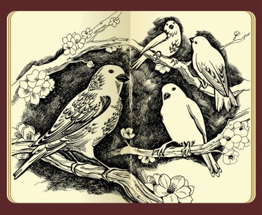 Moleskine drawing of birds and flowers clipart