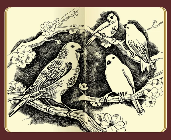 Moleskine Zeichnung von Vögeln und Blumen — Stockvektor