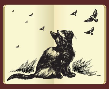 moleskin bir kedi ve kuşlar çizim