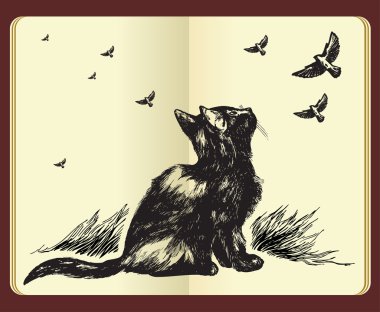 Moleskin drawing of a cat and birds clipart