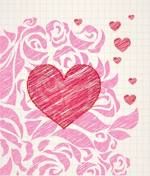 Skizzenhaftes Herz und Rosen lieben Doodle — Stockvektor