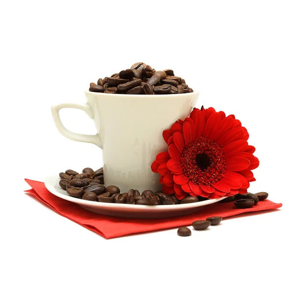 Чашка кофе и красный цветок — стоковое фото