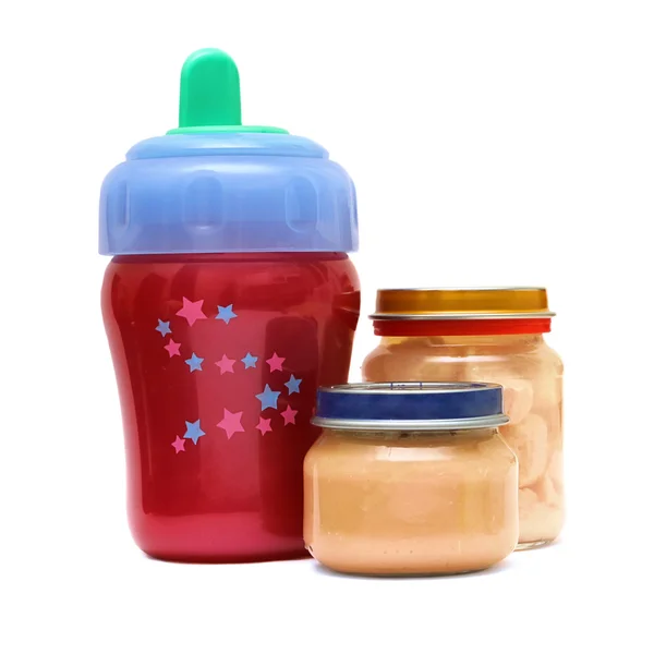 Butelki i jedzenie dla dziecka — Zdjęcie stockowe