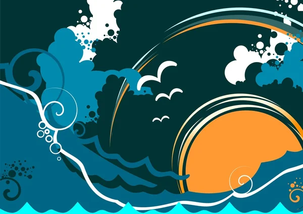 与波和海鸥的抽象海景 — 图库矢量图片
