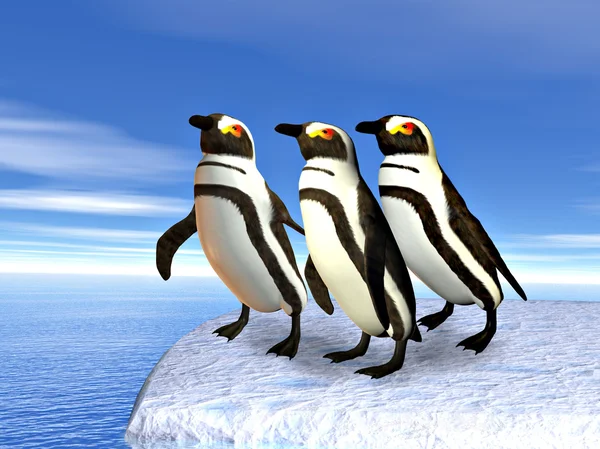 三个站在冰上的企鹅 — 图库照片