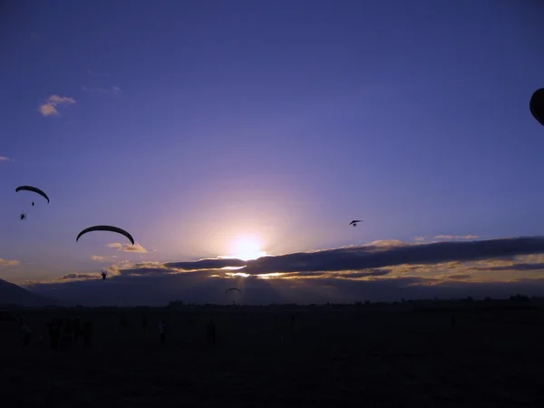 Parachuters in the dusk — Stock Photo, Image