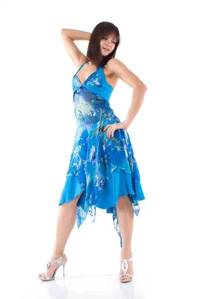 Dançando menina em vestido azul — Fotografia de Stock