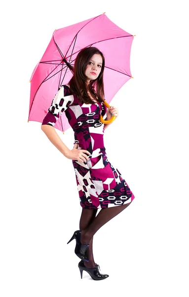 Flicka med paraply på en vit bakgrund — Stockfoto