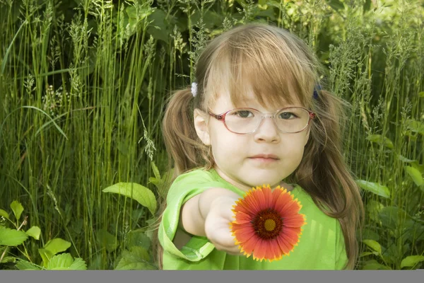 Klein meisje met rode bloem — Stockfoto
