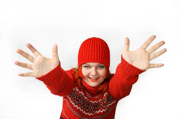 Happy girl with hands up — Stock Photo, Image