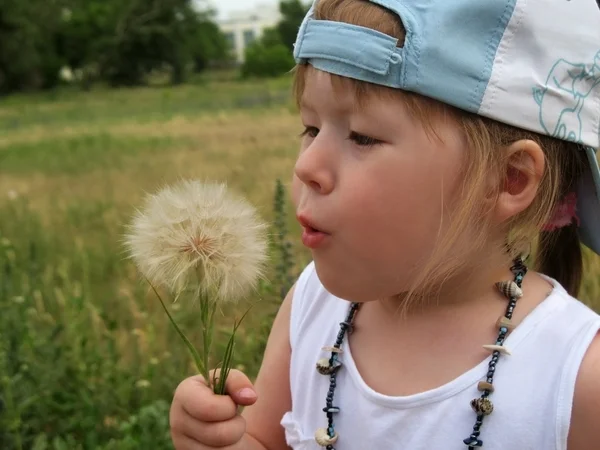 Маленька дівчинка дме насіння кульбаби — стокове фото