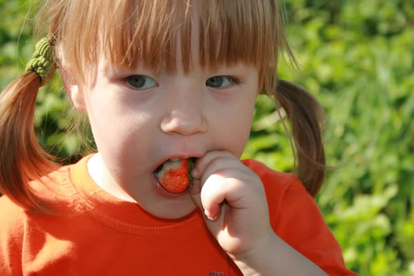 Lilla flickan äta en jordgubbe — Stockfoto