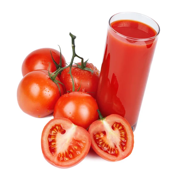 Sumo de tomate e tomates maduros — Fotografia de Stock