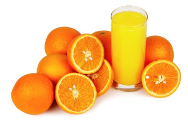 Glass of juice and oranges clipart