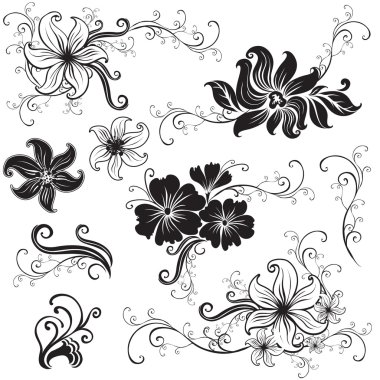 Set of black floral design elements clipart