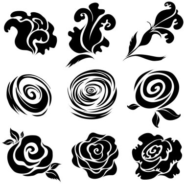 Set of black rose flower design elements clipart