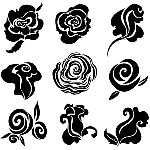 Set zwart roze bloemen — Stockvector