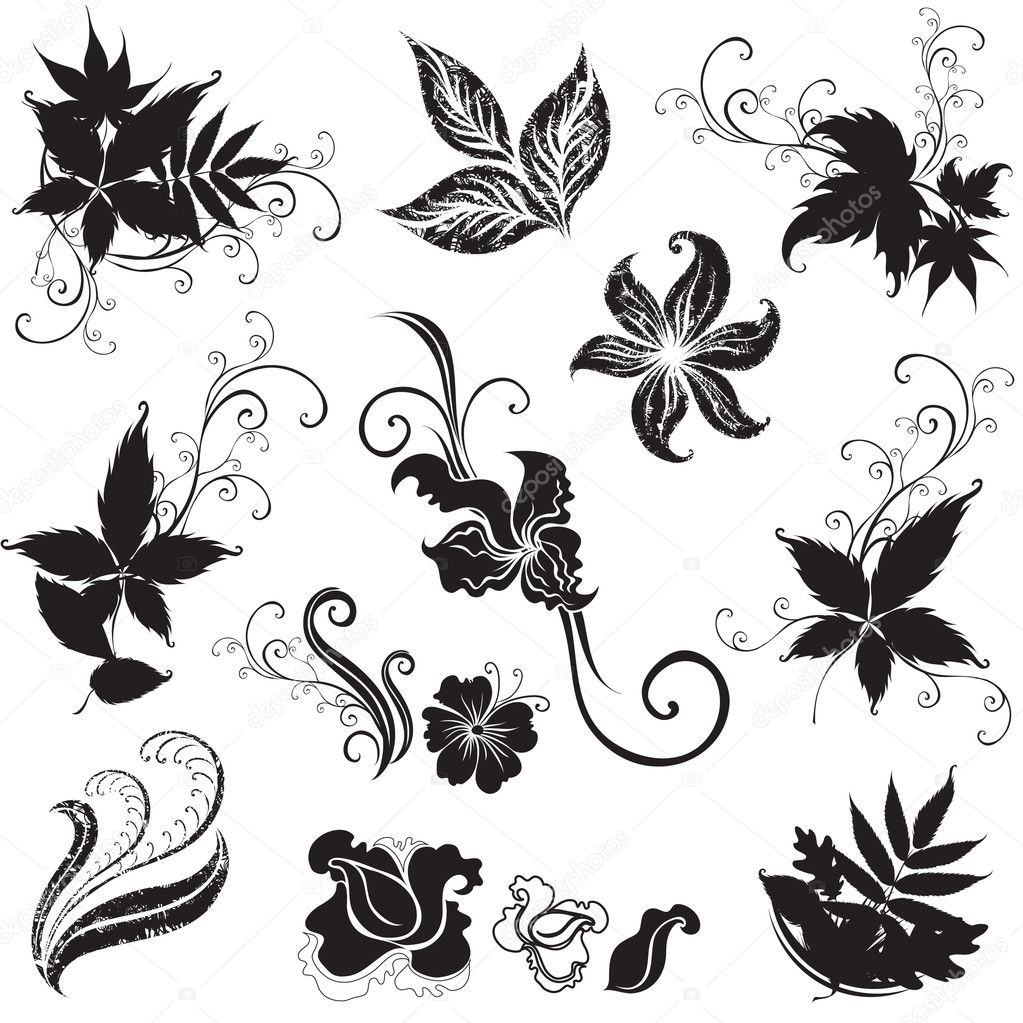 Set of black floral design elements