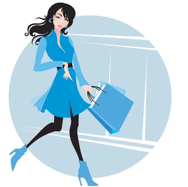 Stylish woman in blue with purchases — Stock Vector