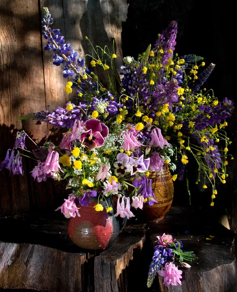 Gänseblümchen, Ranunkeln, Blauglocken und Aquilegien in einem Strauß — Stockfoto