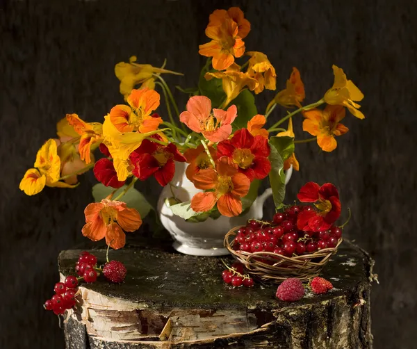 Натюрморт з квітами та ягодами — стокове фото