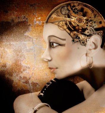 Girl head with a mechanism in place of the brain, mechanical Nefertiti clipart