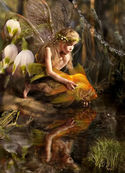 Flickan släpper en guld fisk — Stockfoto