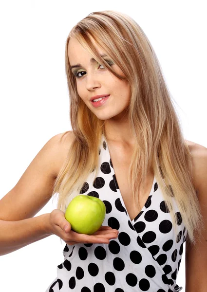 Jeune femme souriante heureuse avec pomme, — Photo