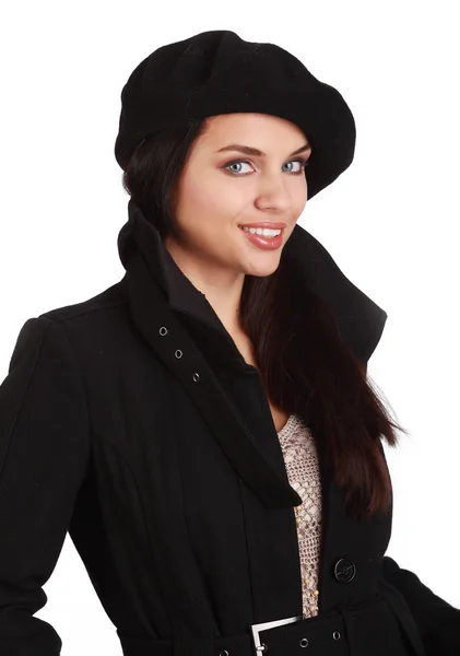 Mulher atraente em casaco preto . — Fotografia de Stock