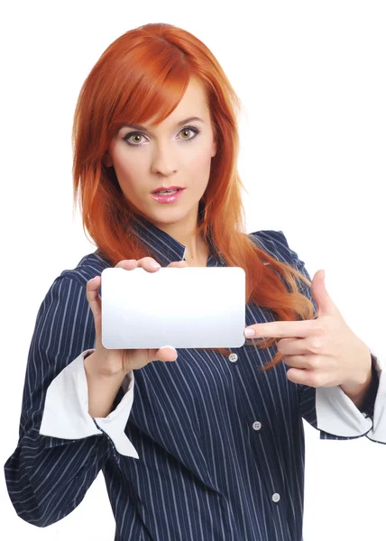 Woman with blank businesscard — Stock Photo, Image