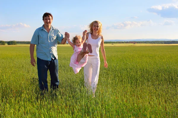 Family going across the field — Stock Photo, Image
