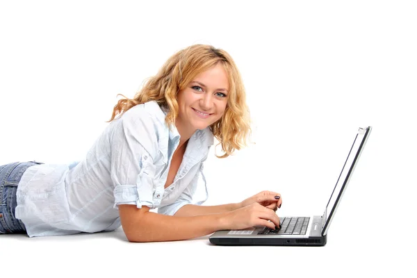 Menina feliz com o laptop — Fotografia de Stock
