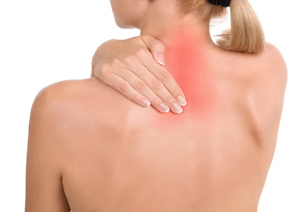 Vrouw houdt een hand op pijn nek Stockafbeelding