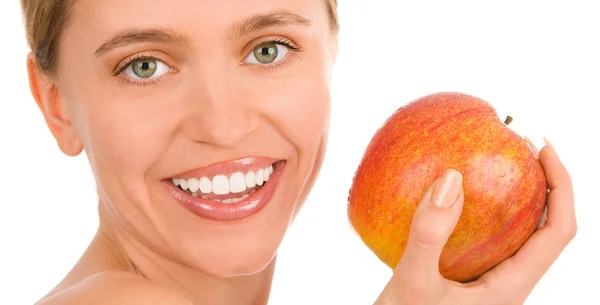 Happy woman with a red apple — Stock Photo, Image