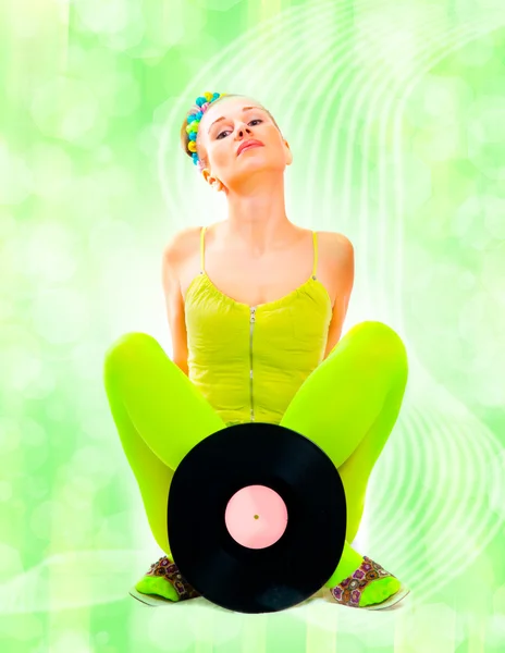 Disco flicka med vinyl — Stockfoto
