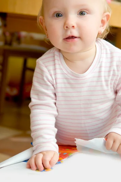 stock image Baby on box presents