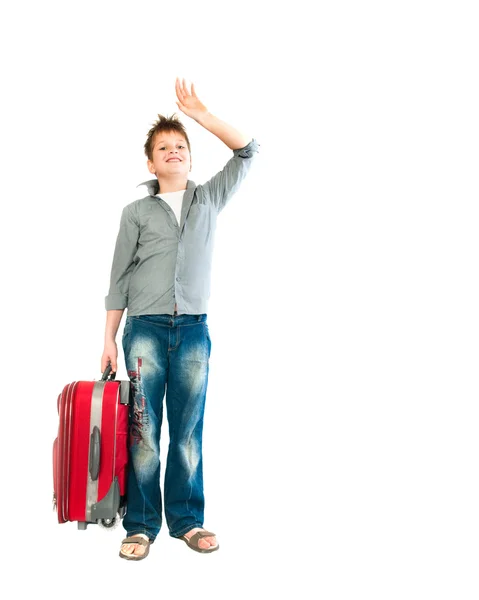 Teenager mit Koffer. Isolation auf der weißen Seite — Stockfoto