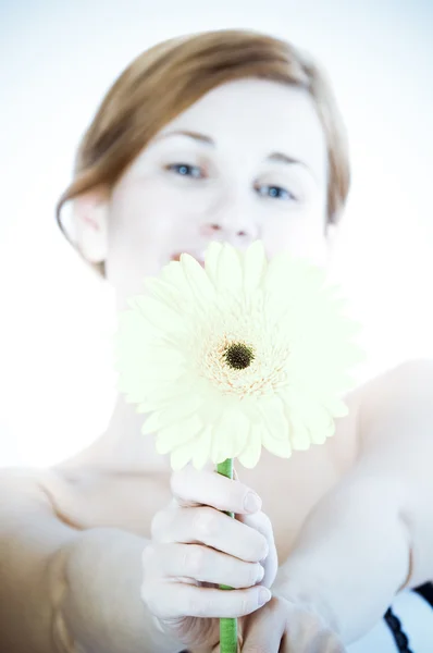Beautiful woman with gerbera flower — Stock Photo, Image