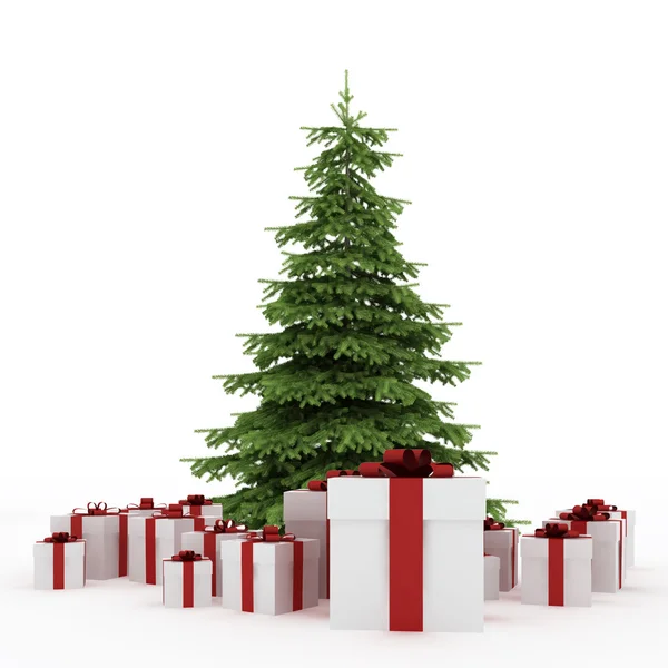 Schöne weiße Geschenkboxen mit rotem Band isoliert auf weiß — Stockfoto