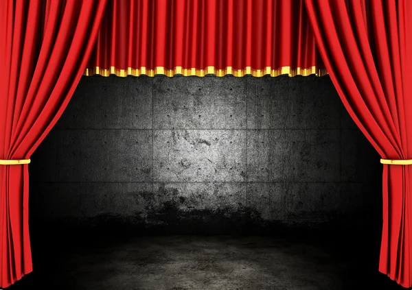 Kırmızı sahne tiyatro perdeler ve karanlık oda — Stok fotoğraf