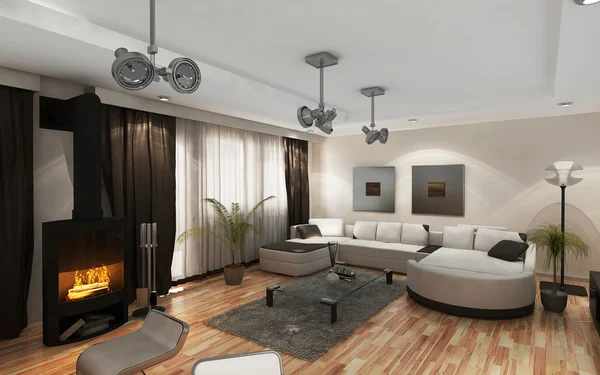 Sala de estar moderna com mobiliário moderno e Lareira Imagens Royalty-Free
