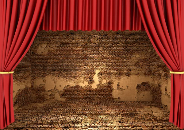 3D-Darstellung eines leeren Raumes mit rotem Theatervorhang — Stockfoto