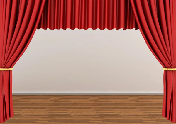 3D renderização de uma sala vazia com cortina de teatro vermelho — Fotografia de Stock