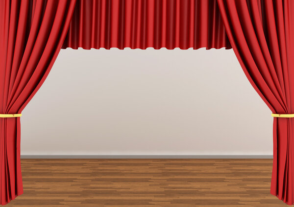 3d rendering of an empty room with Red theater curtain