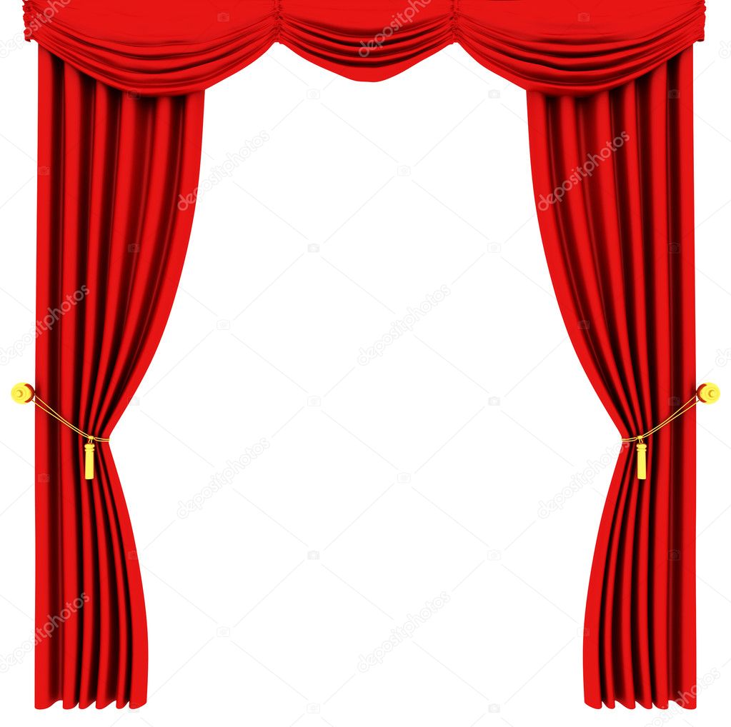 Red theater curtain isolated on white