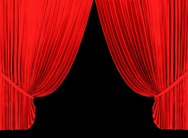 Червона завіса театру ізольована на чорному — стокове фото